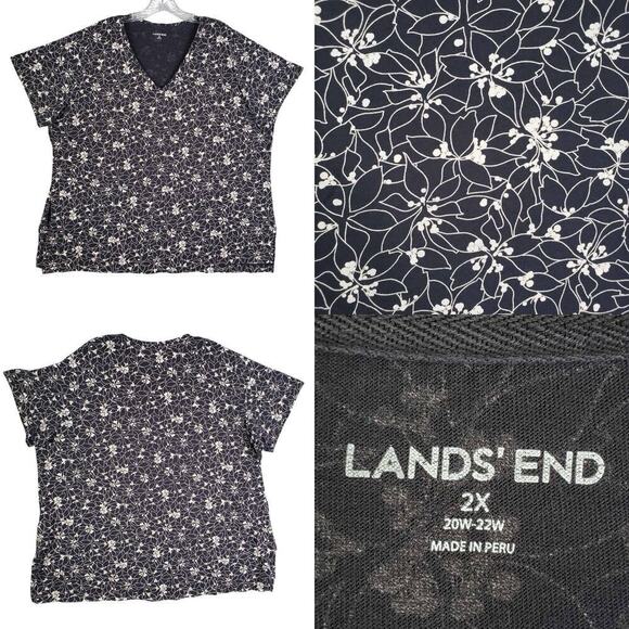 Lands End Shirt Women's Plus Size 2X Navy Blue Floral Short Sleeve Tee Cotton - Picture 1 of 9